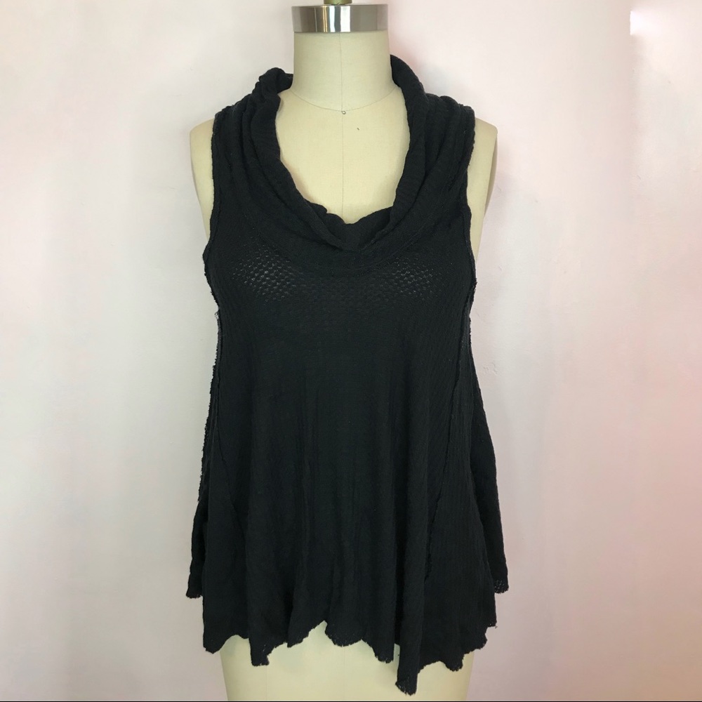 Free People Swing It Cowl Neck Tunic Waffle Knit Tank Black